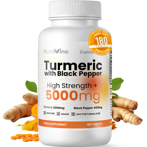 Turmeric Tablets 5000mg with Black Pepper | 95% Curcumin Extract | 180 Easy to Swallow Tiny Turmeric and Black Pepper Tablets | Ve