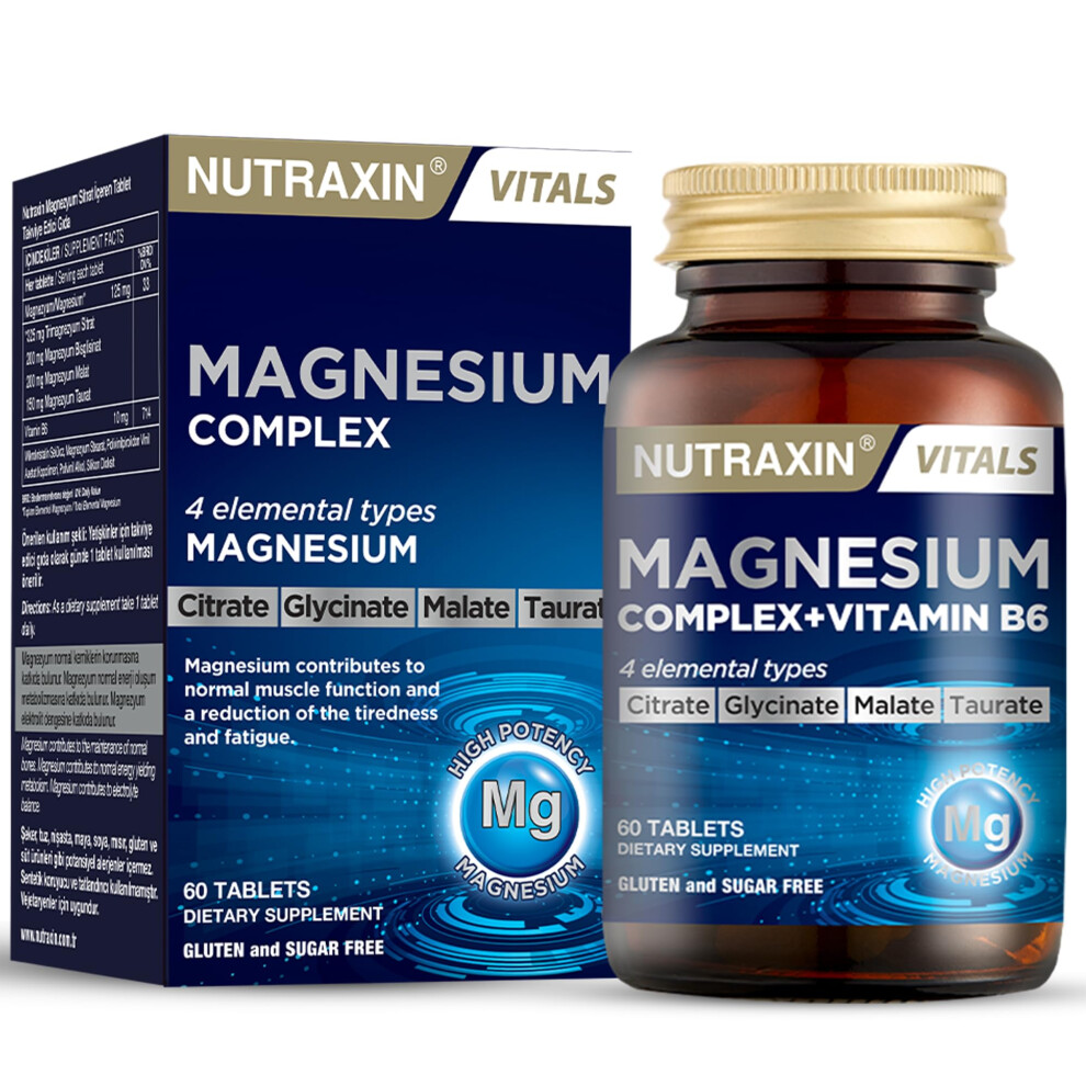 Nutraxin 4-In-1 Magnesium Complex (125G Elemental) + Vitamin B6 For Energy, Muscle Function, Bone & Fatigue - 60 Tablets With Magn