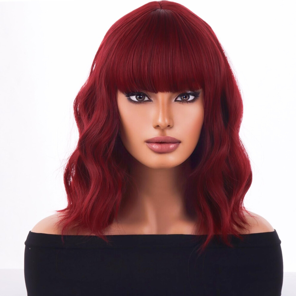 Wine Red Wig with Bangs Short Curly Synthetic Heat Resistant Cosplay Wig for Women with Cap