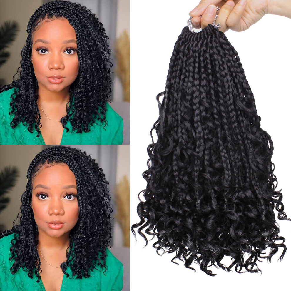 Unisex 8 Inch Prelooped Bohemian Crochet Box Braids With Curly Ends Synthetic Hair Extensions 1B#