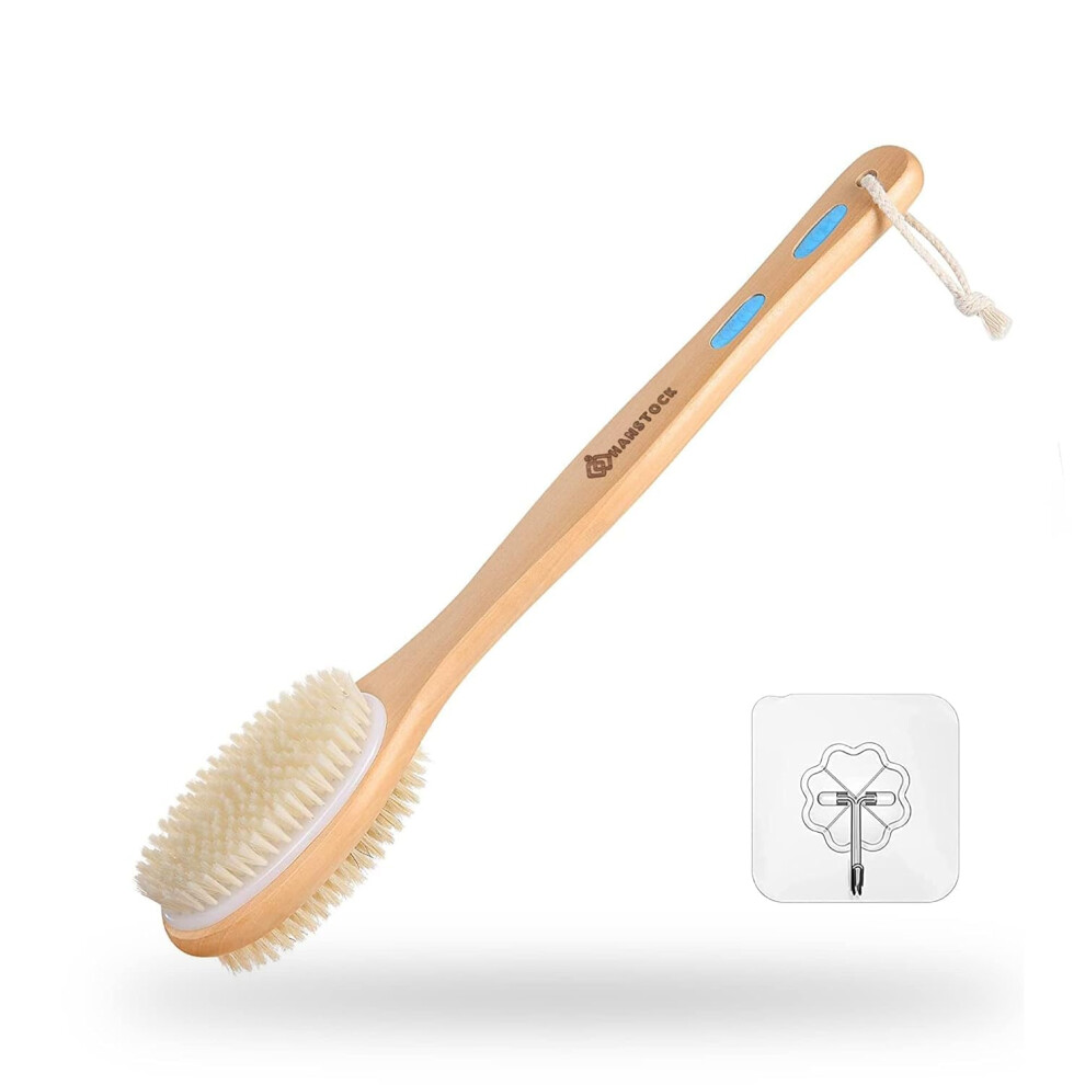 Back Scrubber 43cm Long Handle Wooden DualSided Shower Body Brush with Soft and Stiff Bristles