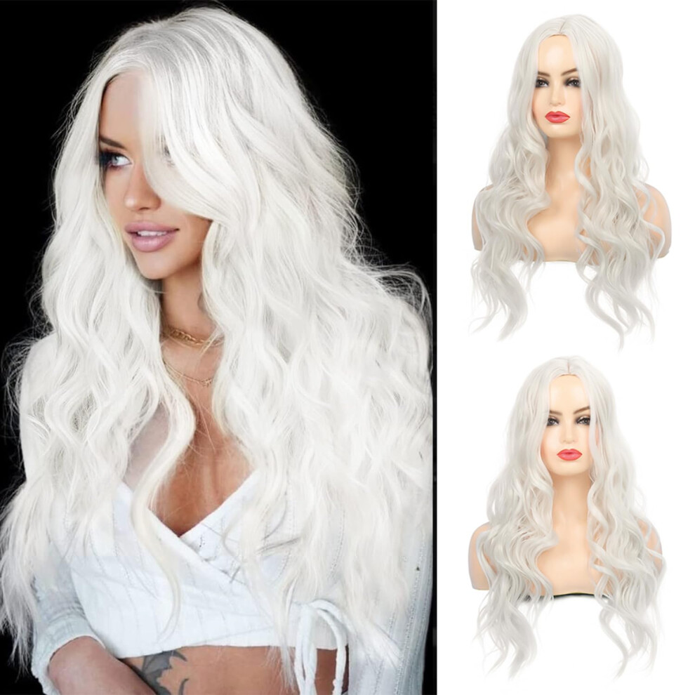 Long Wavy Wig for Women 26 Inch White with Black and Red Highlights, Heat Resistant Cosplay Wig