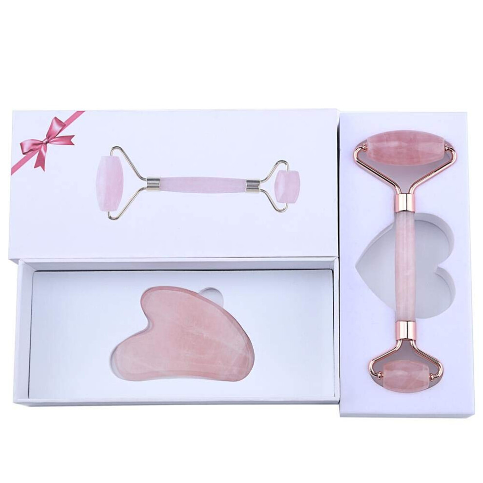 Jade Roller and Gua Sha Set with Rose Quartz for AntiAging Massage and Reduce Puffiness