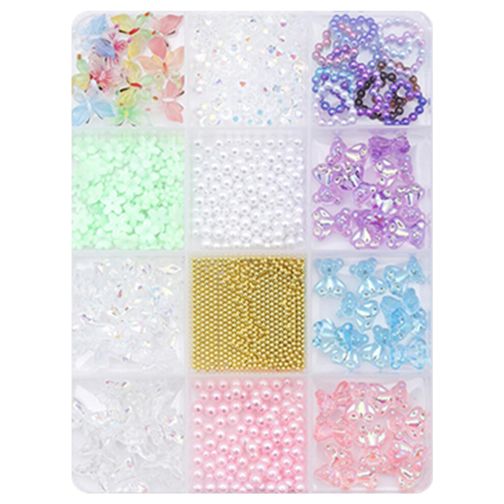 12 Grids 3D Nail Charms Bowknot Decorations Mixed Shape Resin Set for Women Nail Art