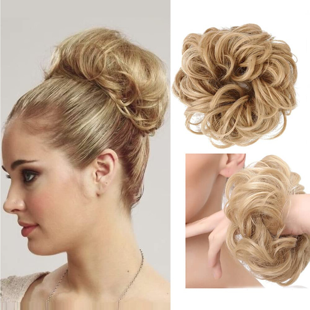 Unisex Brown Hair Bun Extension With Natural Ombre Gradient, Curly Messy Bun Hairpiece Light Ash To Blonde