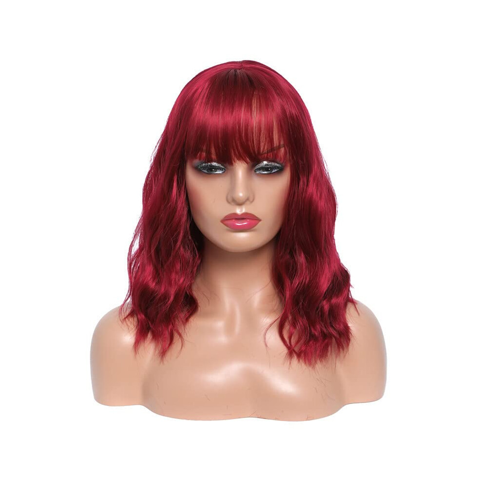 Unisex Red Short Wavy Bob Wig With Bangs Wine Synthetic Shoulder Length Heat Resistant For Women