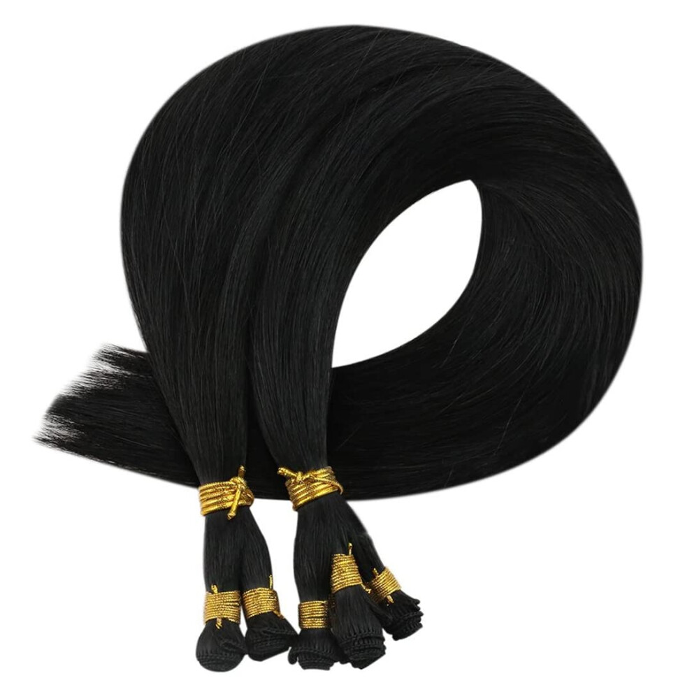 Unisex Black Brazilian Remy Human Hair Extensions 14 Inch Jet Silky Straight Hand Tied Weft