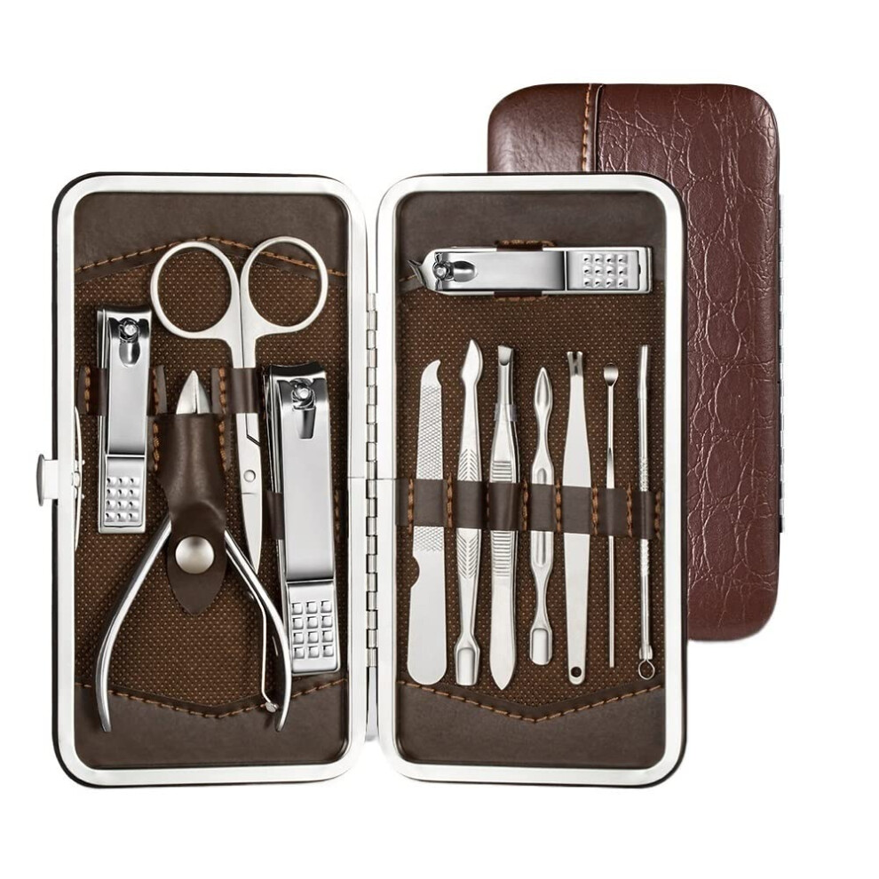 Manicure Set and Pedicure Kit 12pcs Professional Nail Grooming Tools with Brown Travel Case