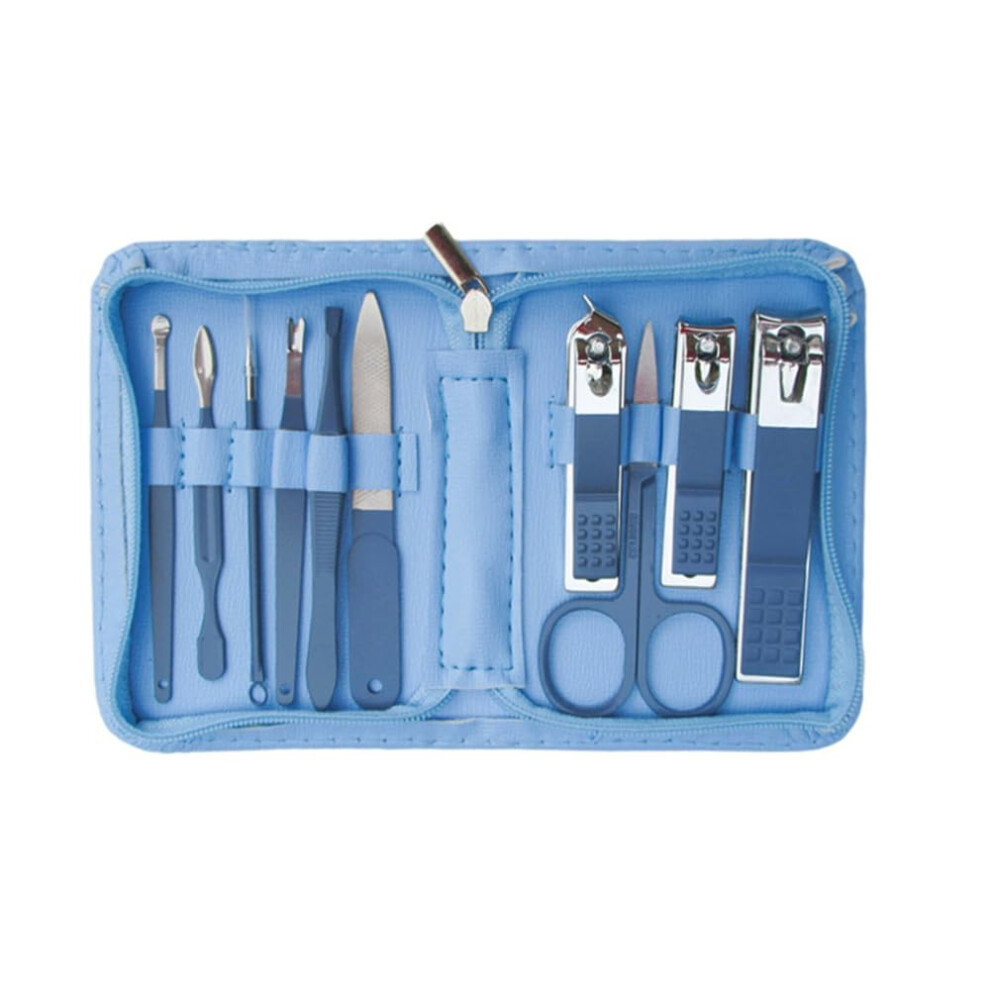 Blue Manicure Set Nail Clipper Pedicure Kit With Case 10Pcs Allinone Grooming Tools