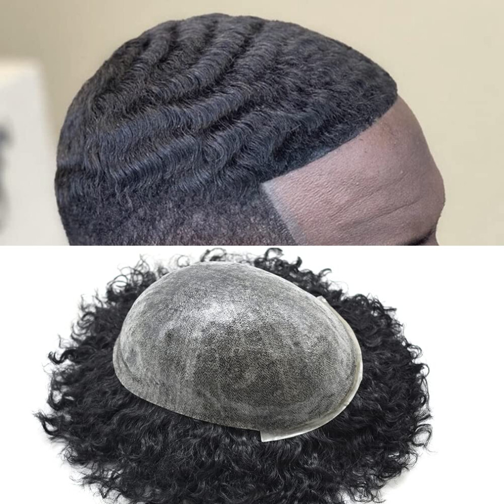 Unisex Black Afro Toupee For Men Human Hair 8X10 Thin Skin Poly Base Jet 8Mm Wave Hairpiece