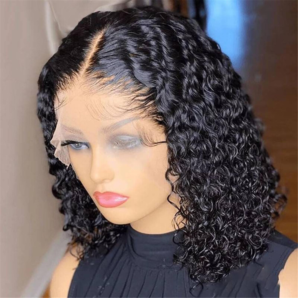 Unisex 8 Inch Human Hair Deep Wave Lace Front Wig, Pre Plucked 13X4 Bob, Natural Hairline Wet And Wavy