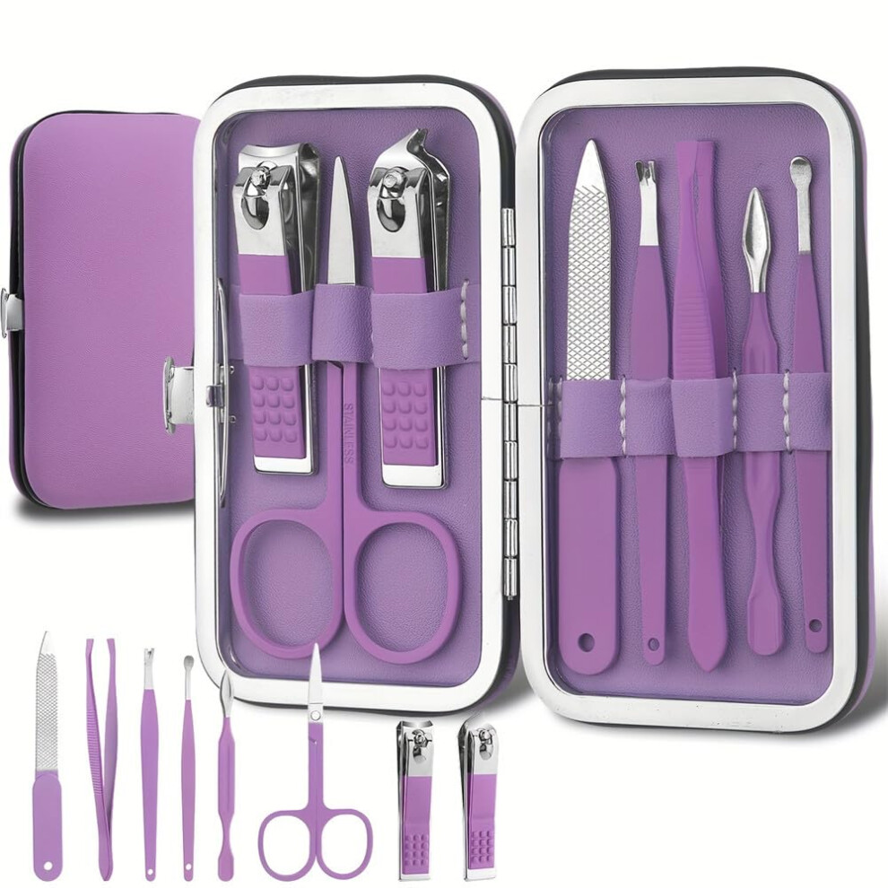 Purple Manicure Set 8In1 Stainless Steel Nail Clippers Kit With Travel Case For Precise Care