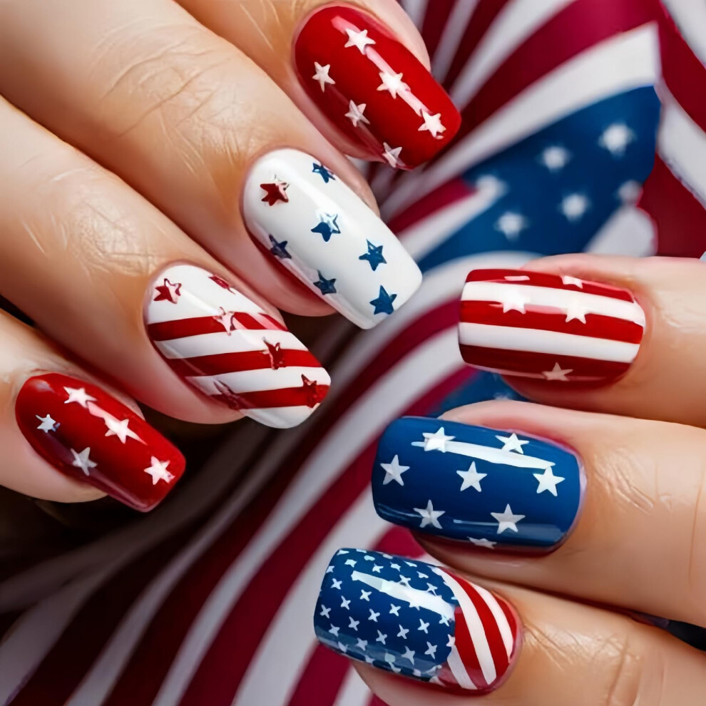 Blue,White,Red 24Pcs Fourth Of July Press On Nails Red White Blue Patriotic Star Stripes Reusable Acrylic Nails