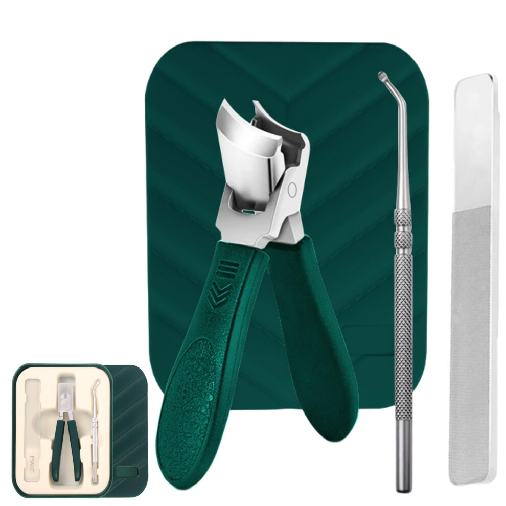 Green Nail Clippers 3Piece Set With Wide Jaw Opening, Antisplash Catcher And Nonslip Grip (Green)