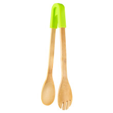 Kitchen Tongs with Silicone Tips, Long Handle BBQ Cooking Tongs, Heat Resistant Wooden Grip