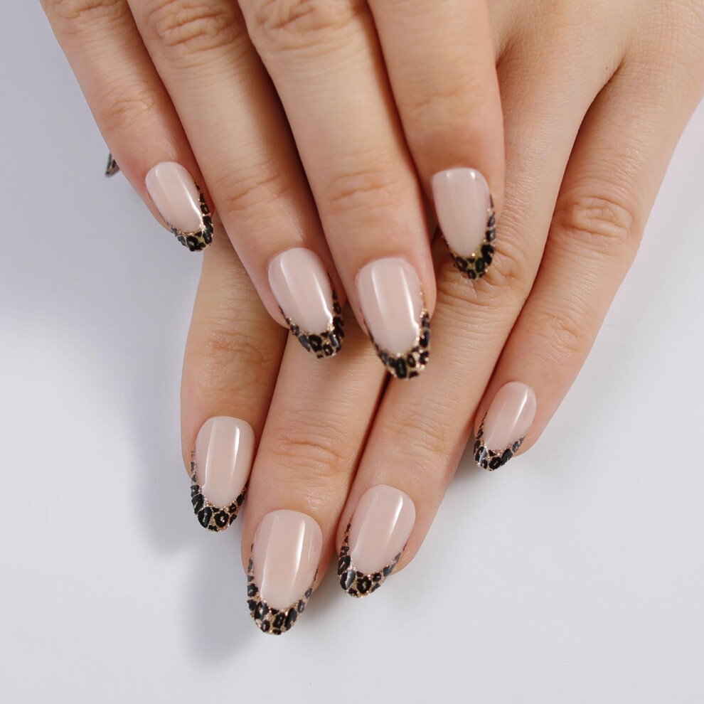 Leopard French Tip Press On Nails Almond Shape Glossy Gel Fake Nails Reusable Set 24PCS
