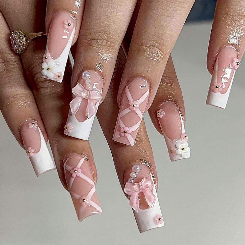 Pink 24Pcs 5D Embossed Press On Nails With Rhinestones Flower French Tips Reusable Glue Set
