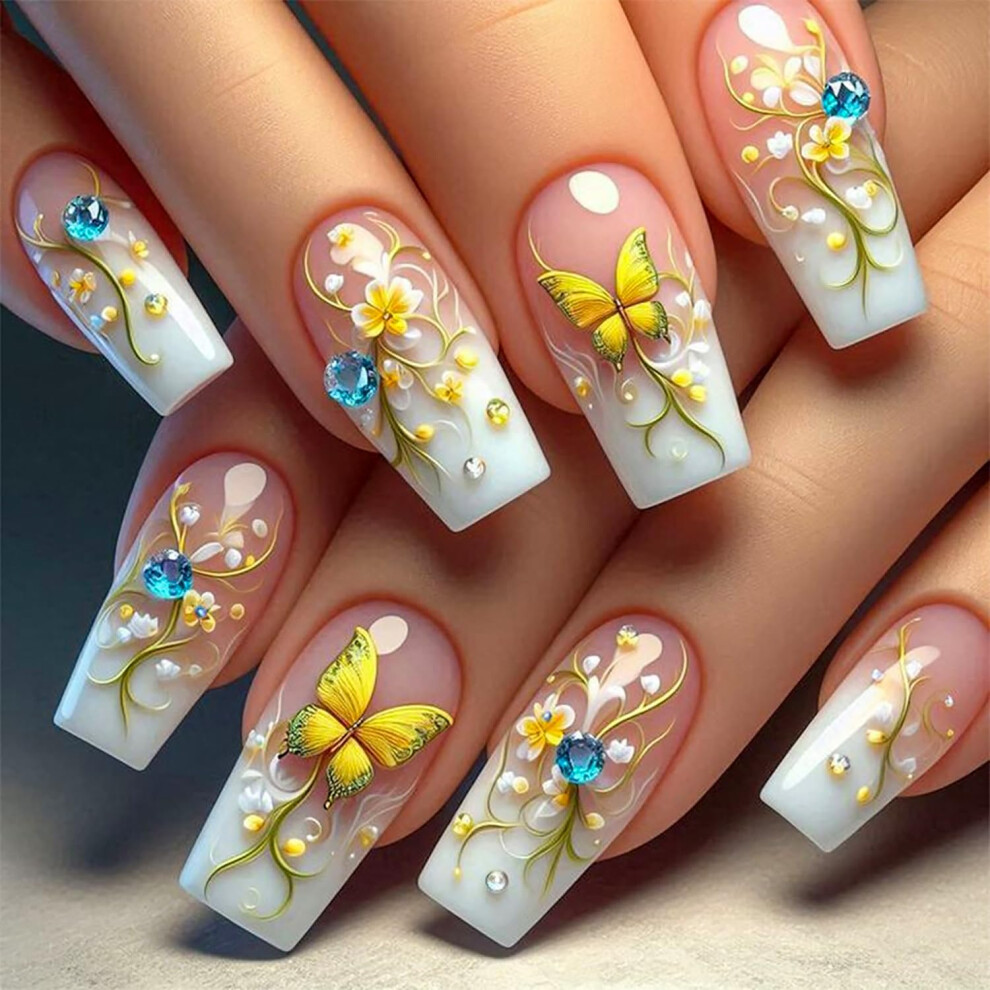 24PCS French Tip Press On Nails with Rhinestones, Medium Square White Gradient Butterfly Design with Glue