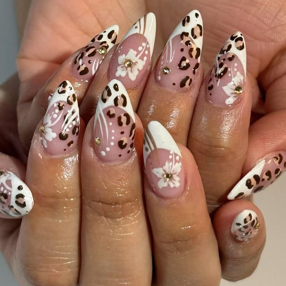 Almond Press On Nails with Rhinestones Leopard Print Glossy Full Cover Stiletto Fake Nails 24PCS