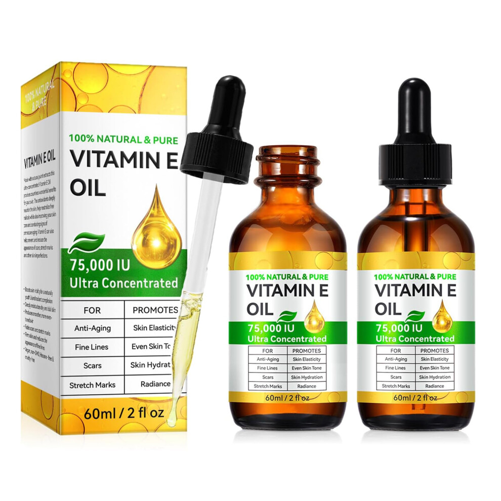 Pure Vitamin E Oil 75,000 IU for Skin, Face, Hair and Nails, Deep Hydration and Scar Reduction, 2pcs