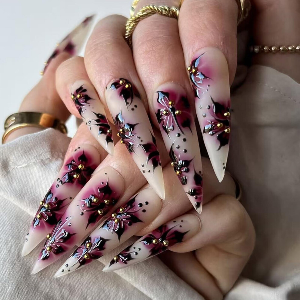 White,Purple Long Stiletto Press On Nails Purple Ombre Floral Matte White Almond Acrylic Fake Nails 24Pcs