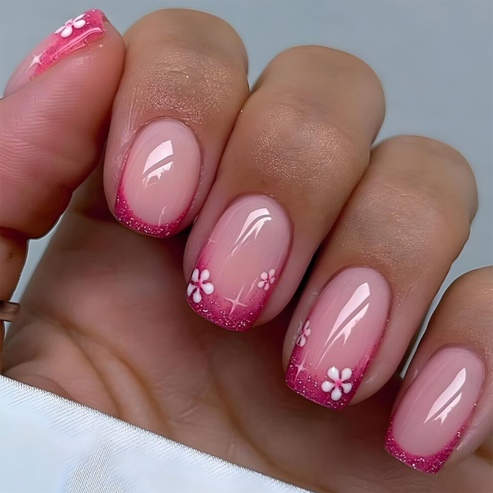 Pink,White Short Square Press On Nails White Flower Glossy Pink Glitter Fake Nails 24Pcs Salon Style