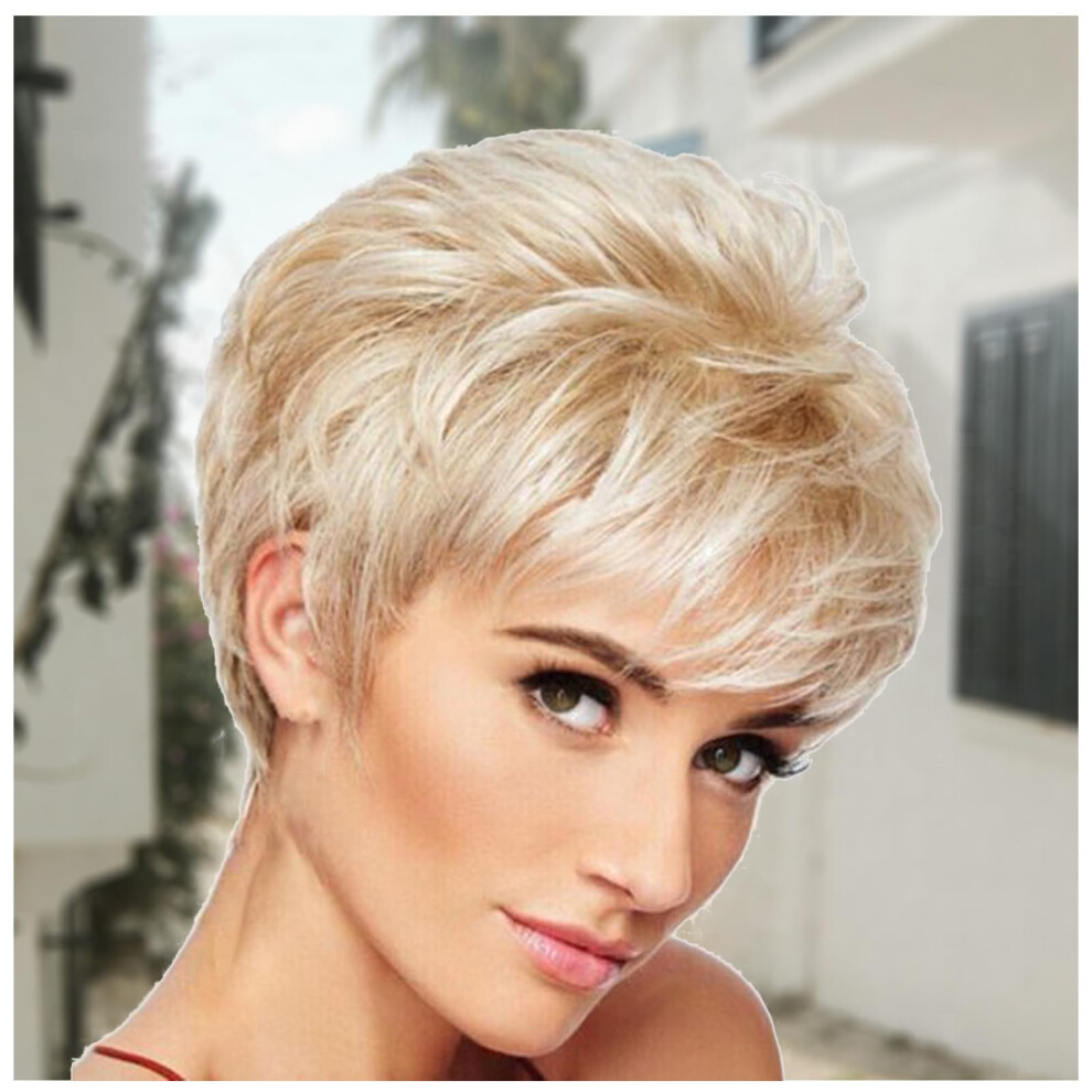 Unisex Short Pixie Cut Wig With Bangs Blonde Bob Wig For Women Natural Look Synthetic Daily Wear