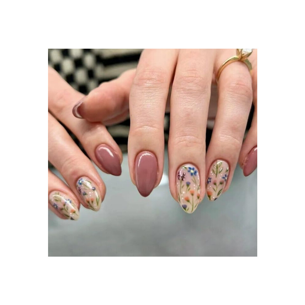 Short Almond Press On Nails Glossy Floral Acrylic Fake Nails Set with Reusable Jelly Glue 24Pcs