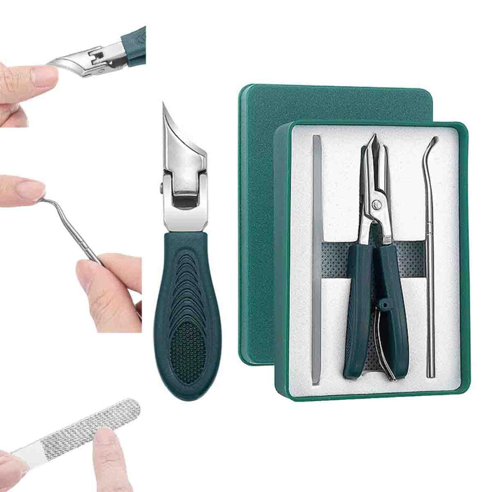 Green Nail Clippers Set With Wide Jaw Slant Edge, Antisplash Catcher And Nail File For Thick Toenails (Green)
