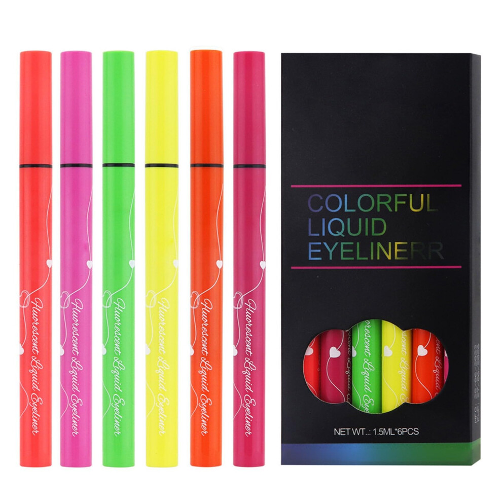 Fluorescent Liquid Eyeliner Set with Bright Neon Colors for Stage Makeup and Parties, 6 Colors