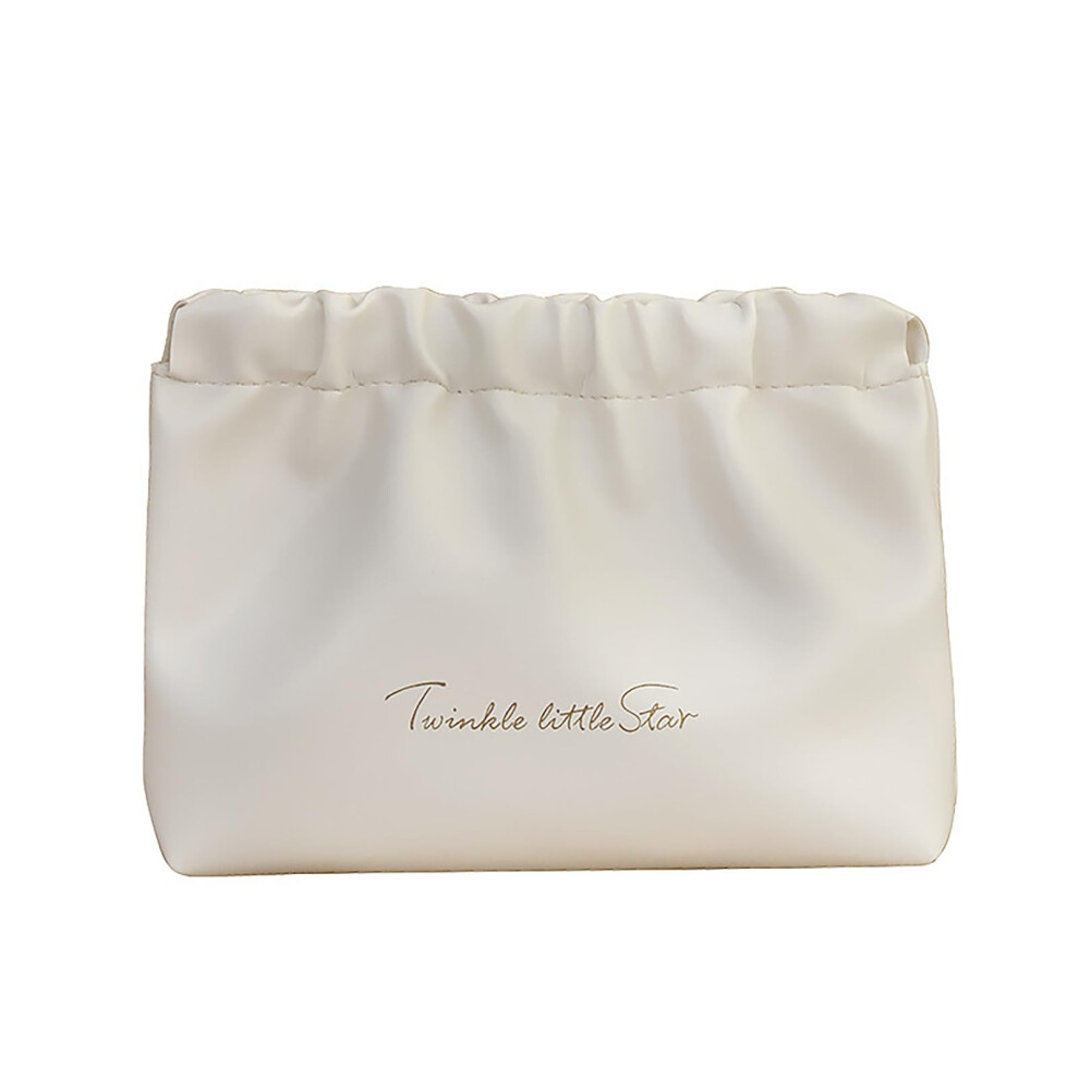 White Makeup Bag Pu Leather Cosmetic Case Large Capacity Travel Organizer Pleated Metal Spring Closure L Milk Apricot