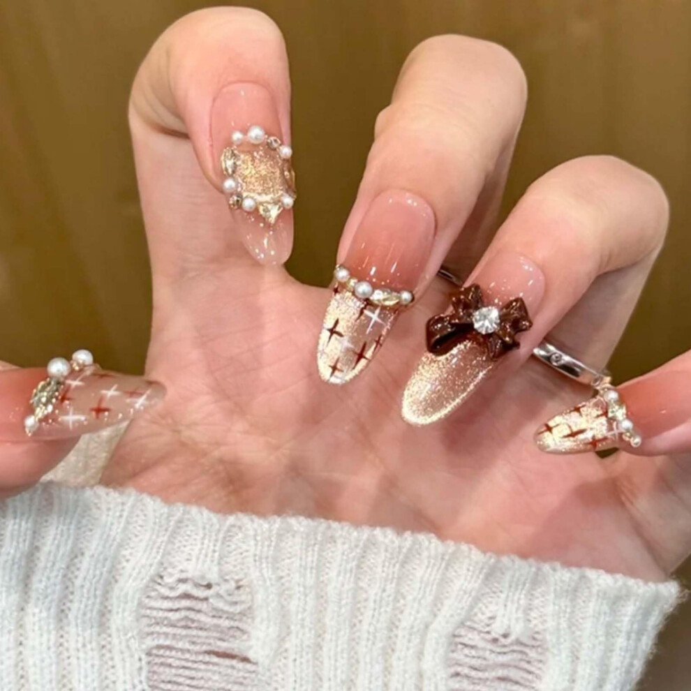 Pink Almond Press On Nails Set Long Fake Nails For Women Soft Salon Style With 24Pcs