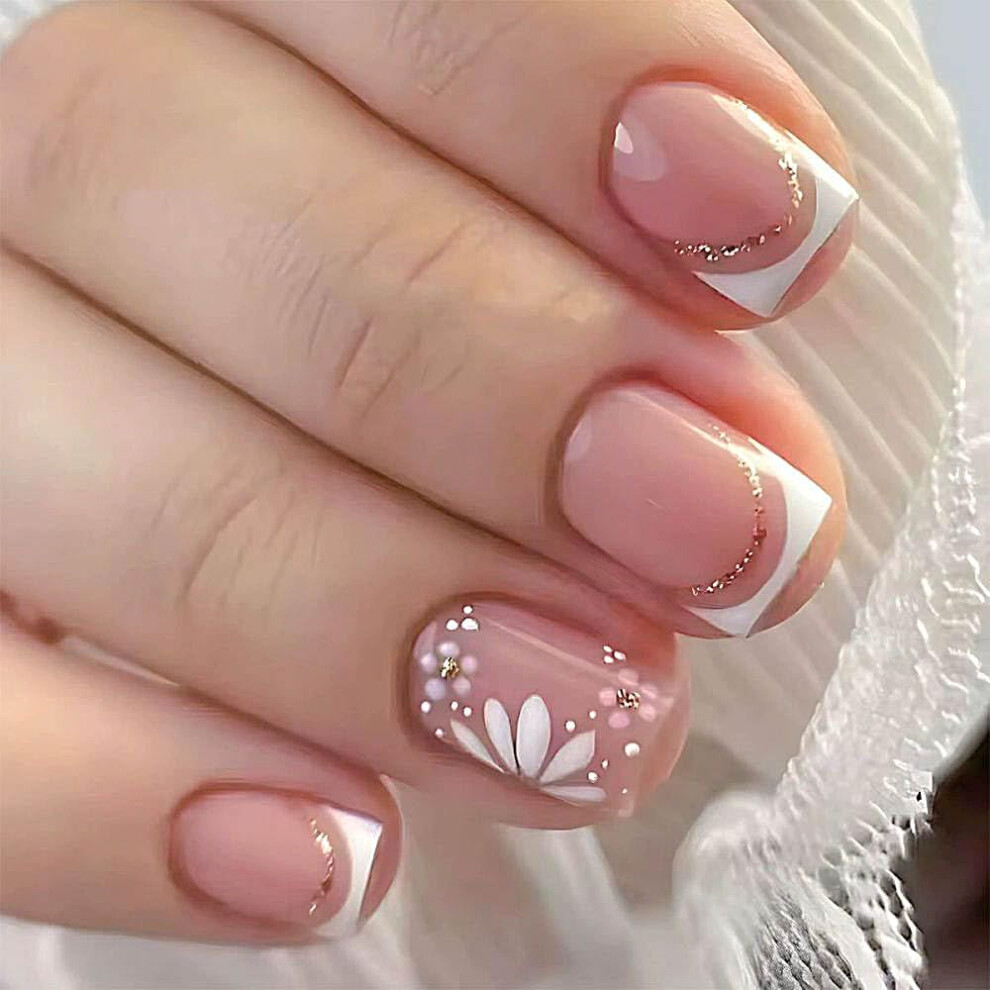 Square Press on Nails with Geometric Design, Medium Length Fake Nails, 24pcs for Women