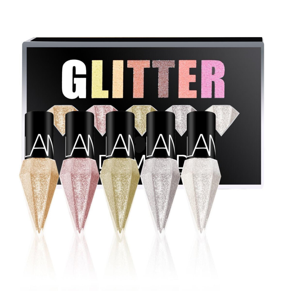 White/Silver Glitter Liquid Eyeliner Set 5 Colors Metallic Shimmer Waterproof Smudgeproof Long Lasting Makeup