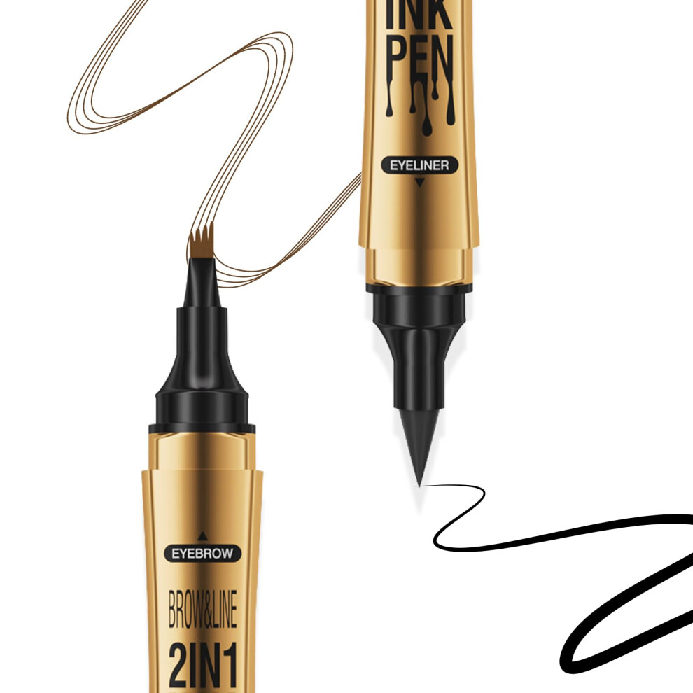 2 in 1 Microblading Eyebrow Pen Waterproof Long Lasting 4 Fork Tip Brow Pencil with Eyeliner