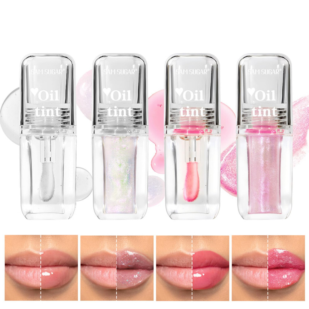 4PCS Color Changing Lip Oil Set with Hydrating Glitter Gloss, Long Lasting NonSticky Lip Tint