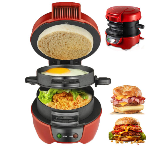 Breakfast Sandwich Maker with Egg Cooker, NonStick Dual Surfaces, 5Min Ready, SpinOut Board, Red