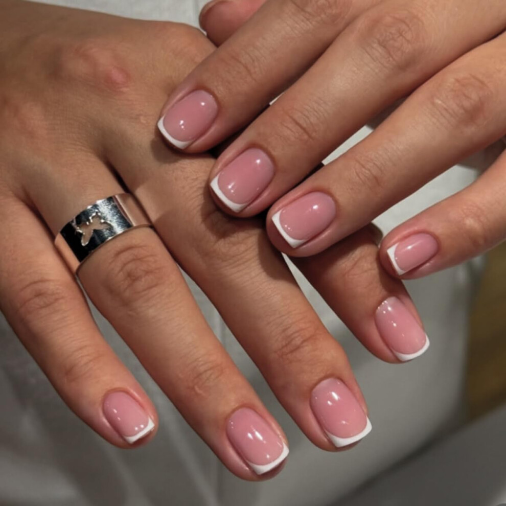 24 Pcs Pink Press On Nails Short Square French Tip, Reusable Acrylic Fake Nails Set for SalonQuality Manicure