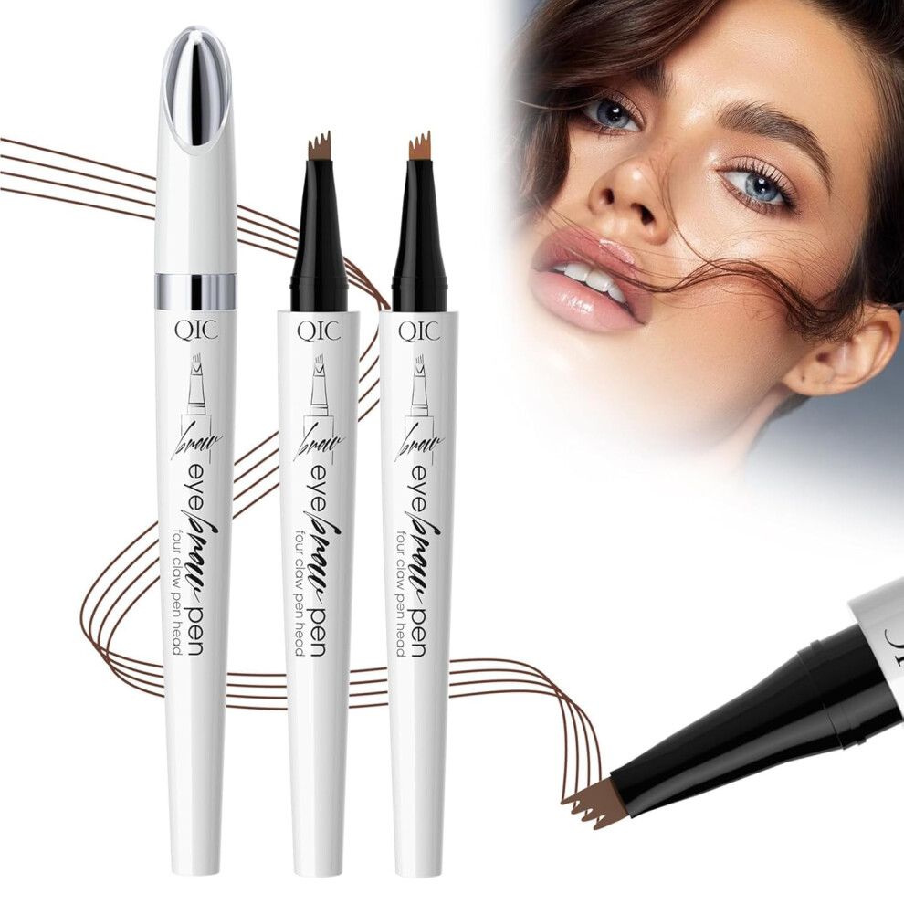 Brown 2Pcs Microblading Eyebrow Pen Waterproof Smudgeproof 4Prong Tip Natural Brow Dark And Light