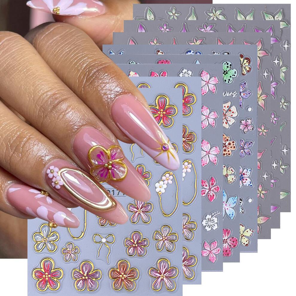 Gold 5D Hibiscus Flower Nail Stickers 8Pcs Tropical Floral Art Decals Self Adhesive Edge