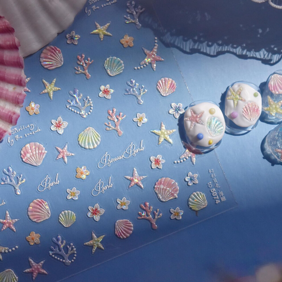 5D Nail Art Stickers Summer Starfish Shell Decals Longlasting Embossed Texture for DIY Manicure