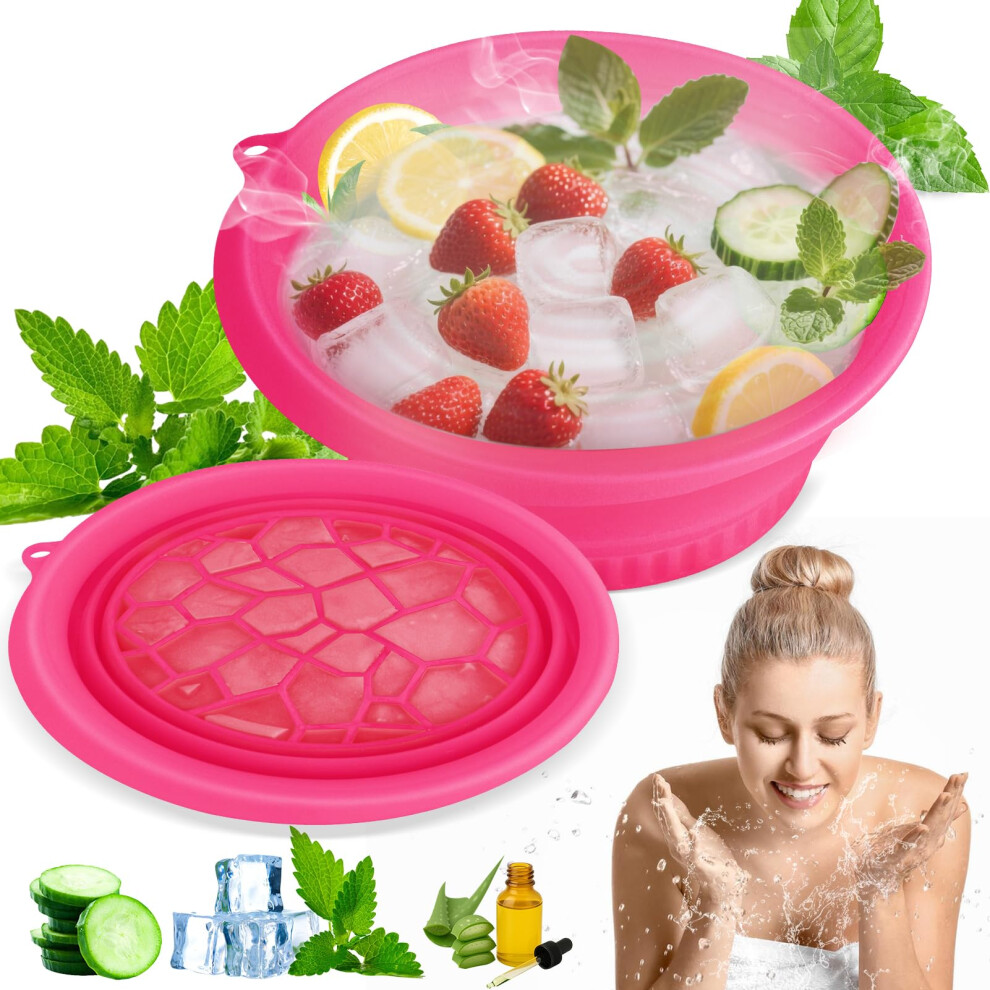 Ice Face Bath Bowl with Builtin Ice Tray, Collapsible Silicone Facial Basin, Rose TravelFriendly