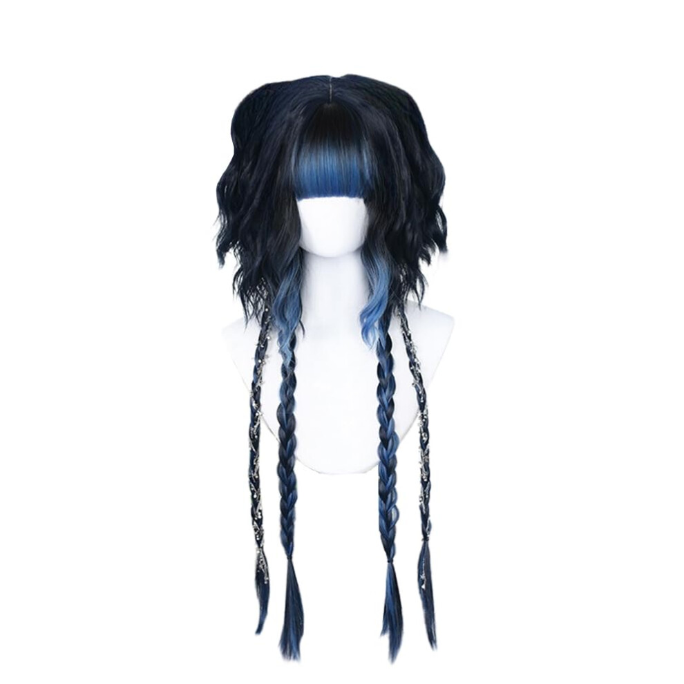 Unisex Blue,Black Black Mix Blue Long Curly Synthetic Wig Heat Resistant Lolita Japanese Princess Style With Air Bangs