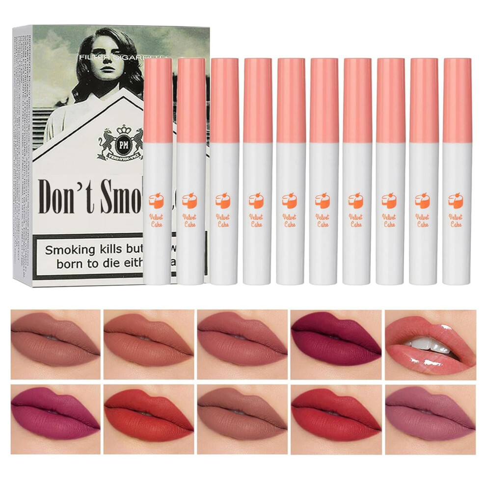 Matte Velvet Lipstick 10 Colors Waterproof 24H Long Lasting Velvet Matte Finish Cigarette Tube