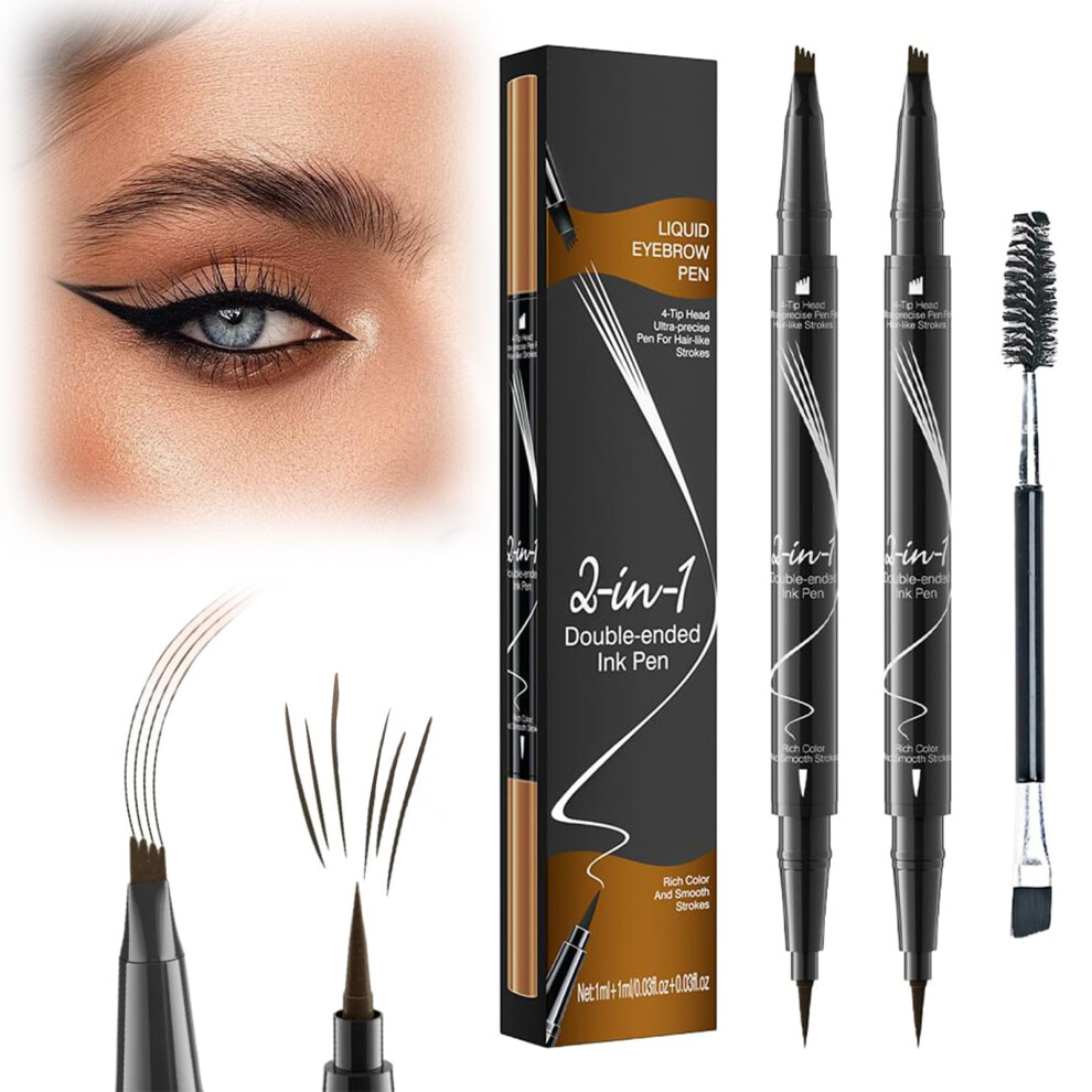 Brown 2 Pcs Waterproof Microblading Eyebrow Pen Dualended 4 Fork Tip Brow Pencil With Eyeliner Dark