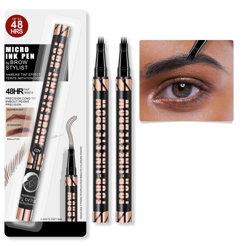 2 Pack Microblading Eyebrow Pencil with 4 Fork Tip, Waterproof Brow Pen for Natural Hair Like Brows