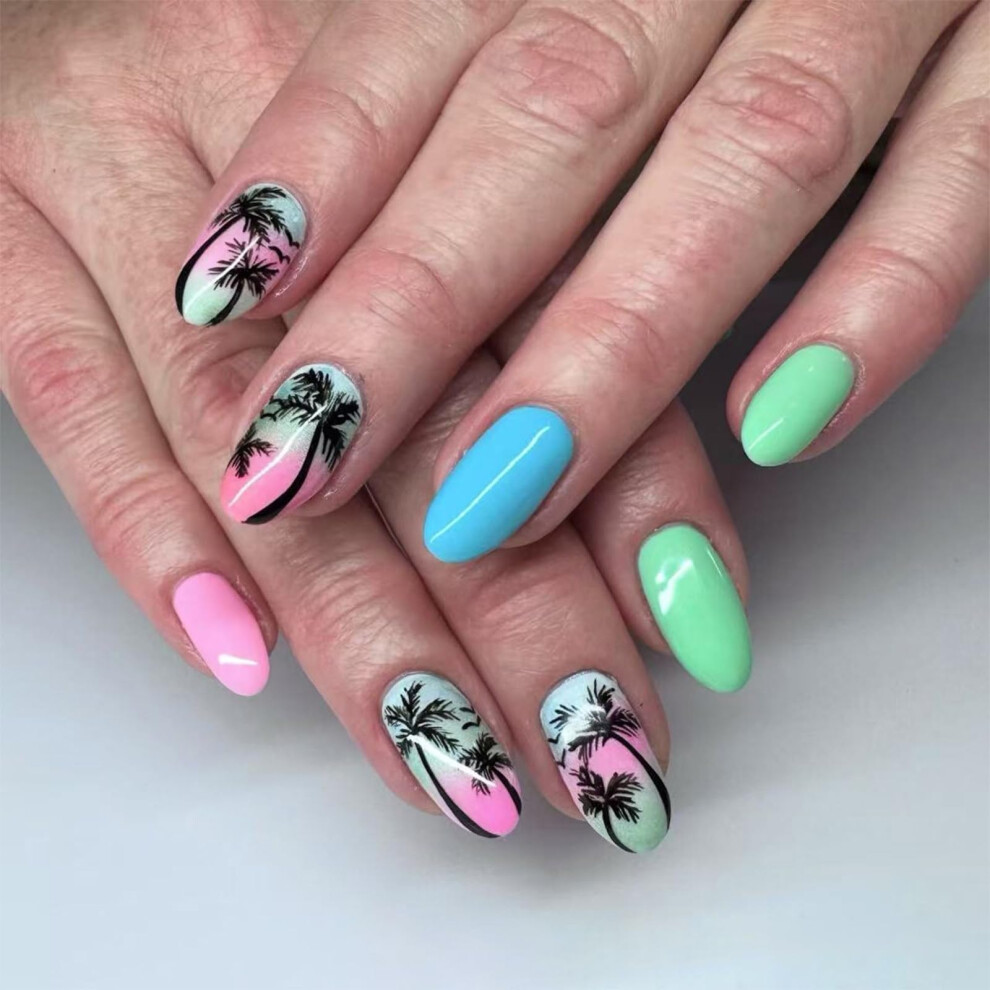 Blue,Pink Medium Almond Press On Nails Pink Blue Ombre Fake Nails Ready To Wear Stiletto Set 24Pcs
