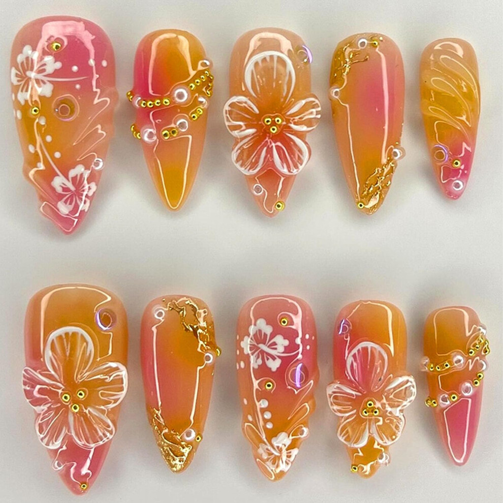 Gold Almond Press On Nails Yellow Floral With Rhinestones Medium Fake Nails Reusable 24Pcs