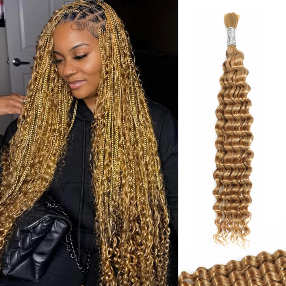 Unisex Honey Blonde Human Braiding Hair 16 Inch Deep Wave Boho Curls Bundles For Knotless Braids