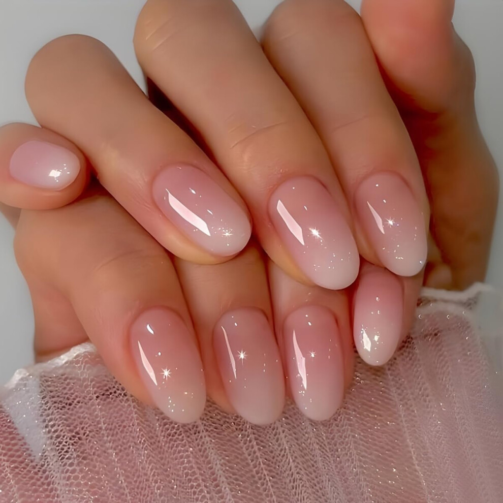 Pink Shimmer Press On Nails Set, 24Pcs Medium Almond Shape, Readytowear Manicure